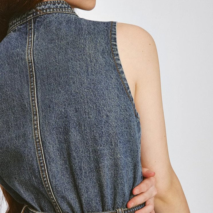 Jeans lover pressing stand-up collar waist denim dress