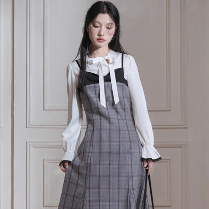 Layering suspender skirts plaid dress pullover two-piece set