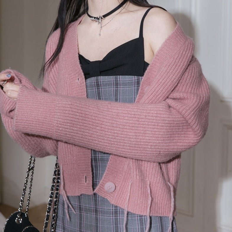 Layering suspender skirts plaid dress pullover two-piece set