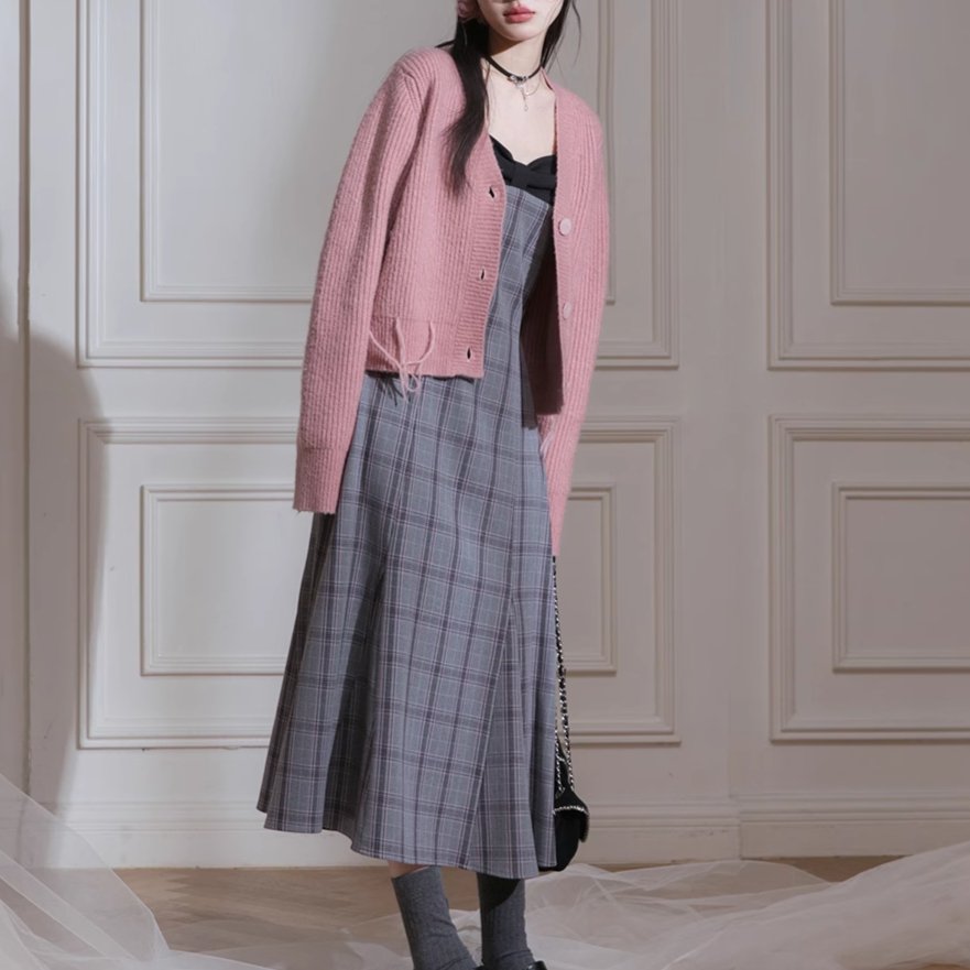 Layering suspender skirts plaid dress pullover two-piece set