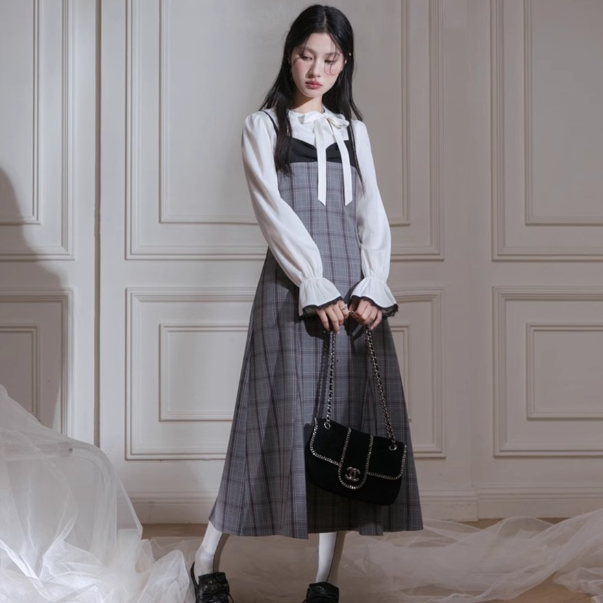 Layering suspender skirts plaid dress pullover two-piece set