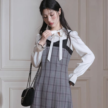 Layering suspender skirts plaid dress pullover two-piece set