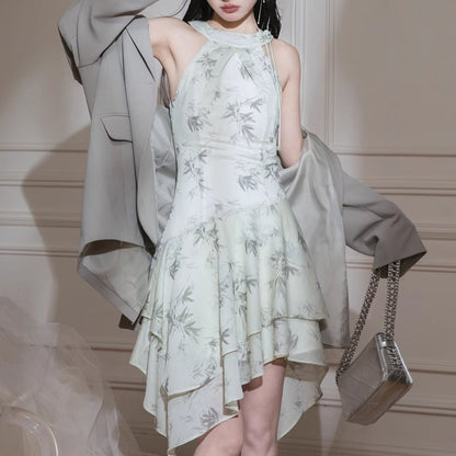 Oriental sky blue shoulder-cut bamboo shadow print dress