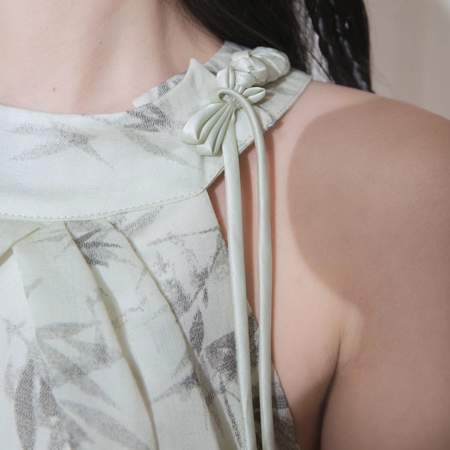 Oriental sky blue shoulder-cut bamboo shadow print dress
