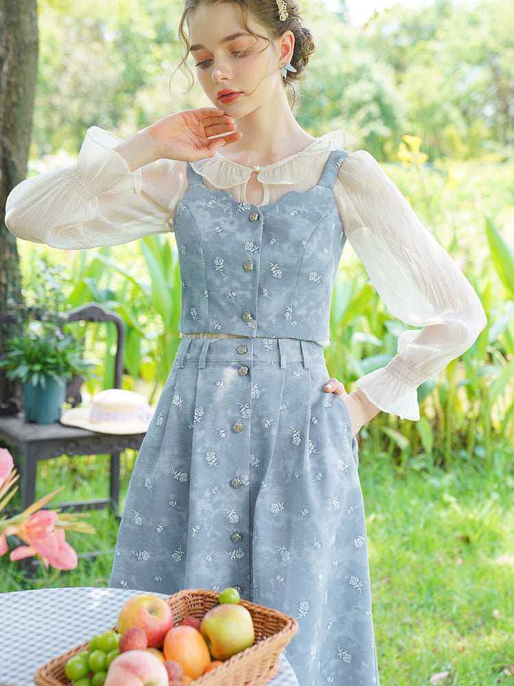 【日本国内発送、1週間以内にお届け】Light blue rose bustier ＆ flare skirt ＆ chiffon blouse