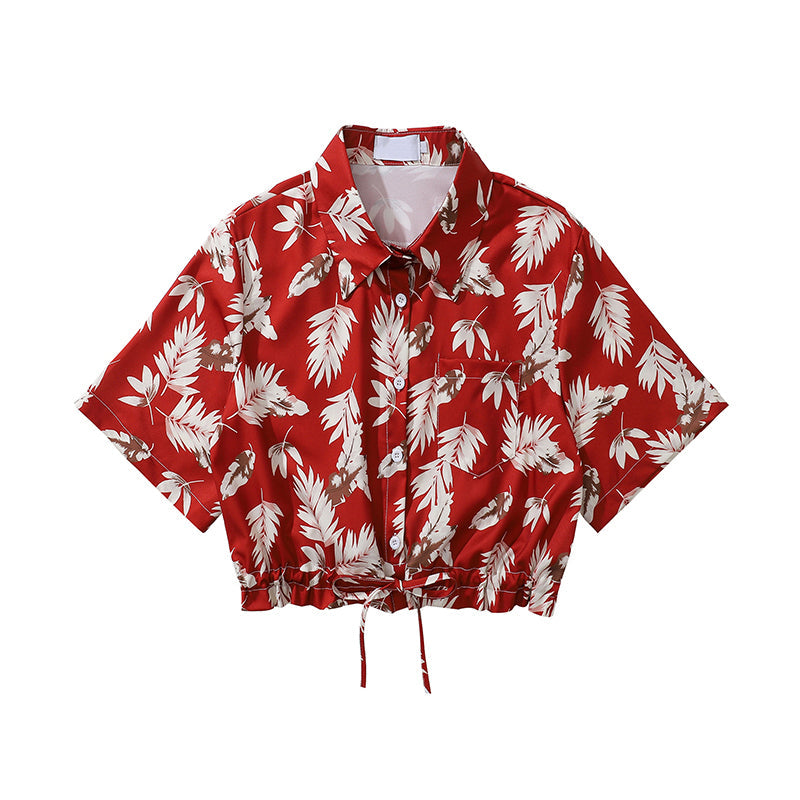 茜色の葉柄ショートシャツ