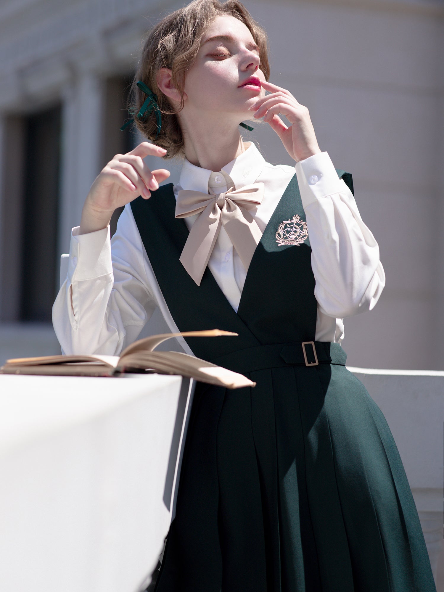 Dark green literary girl classical jumper skirt ＆ short jacket