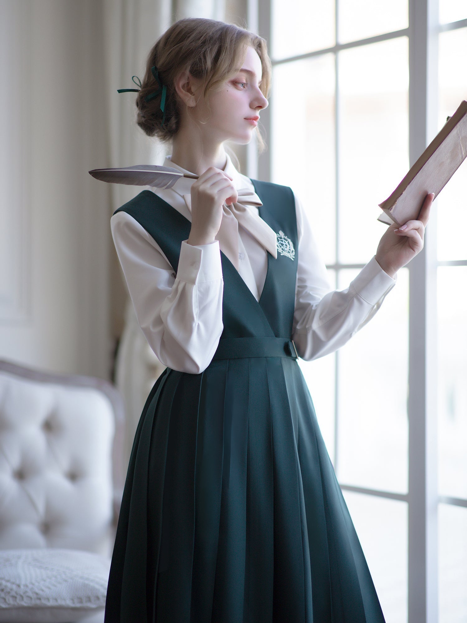 Dark green literary girl classical jumper skirt ＆ short jacket ＆ blouse