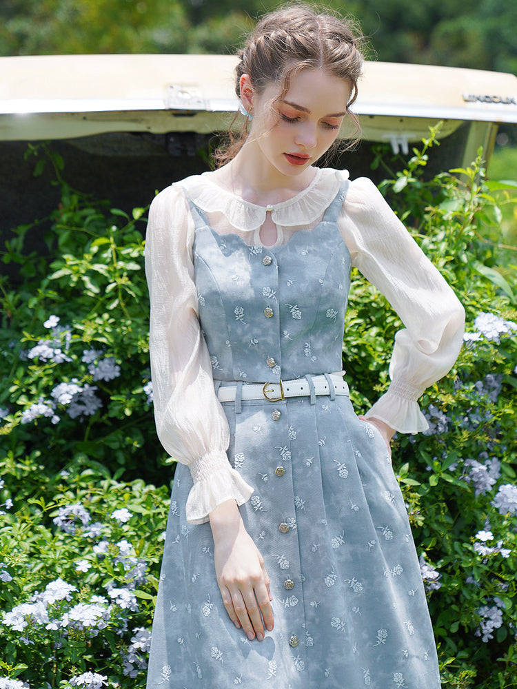 【日本国内発送、1週間以内にお届け】Light blue rose bustier ＆ flare skirt ＆ chiffon blouse