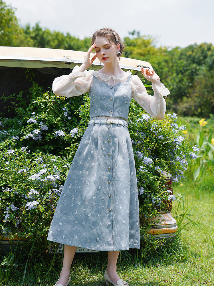 【日本国内発送、1週間以内にお届け】Light blue rose bustier ＆ flare skirt ＆ chiffon blouse