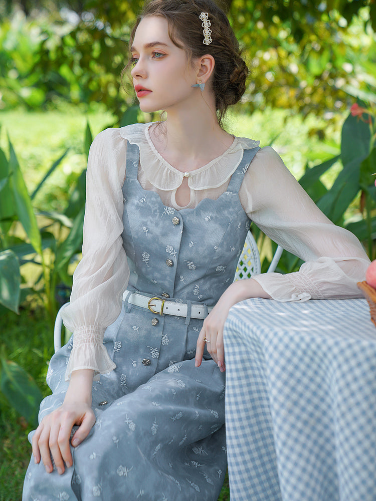 Light blue rose bustier ＆ flare skirt ＆ chiffon blouse – remulia