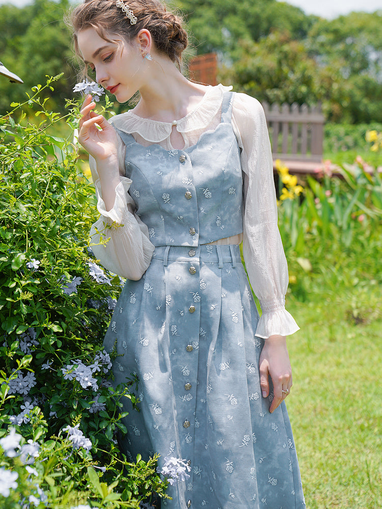 Light blue rose bustier ＆ flare skirt ＆ chiffon blouse – remulia