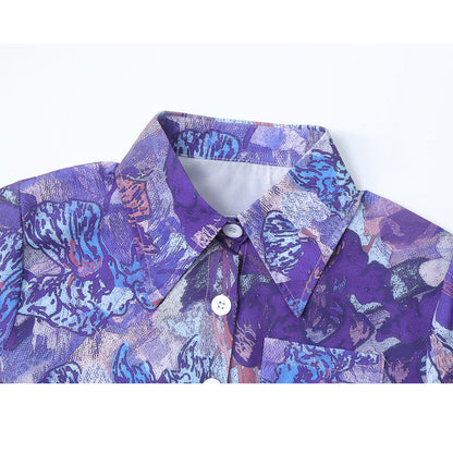 本紫の花の抽象画ショートシャツ