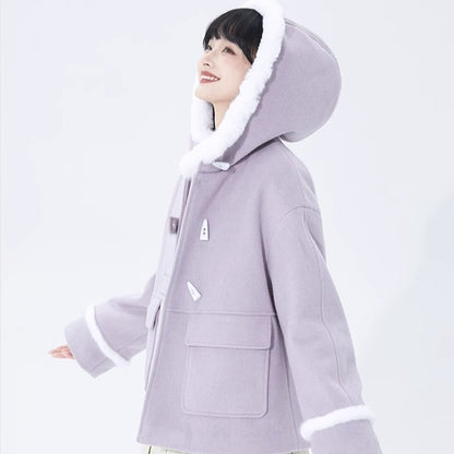 Purple horn button hooded woolen coat