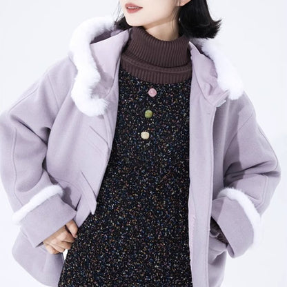 Purple horn button hooded woolen coat