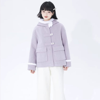 Purple horn button hooded woolen coat