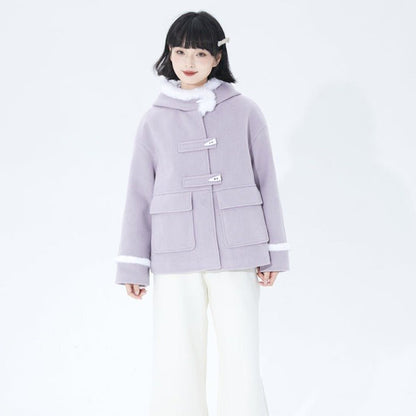 Purple horn button hooded woolen coat