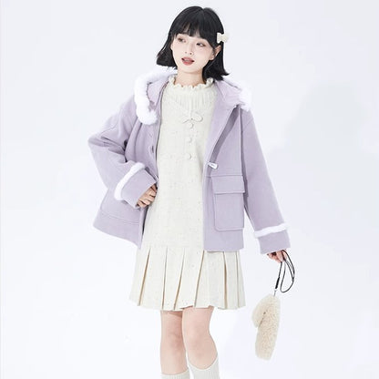 Purple horn button hooded woolen coat