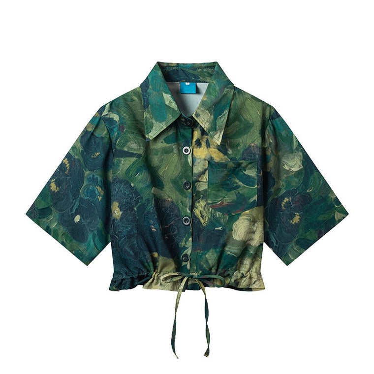 濃緑の油彩画ショートシャツ