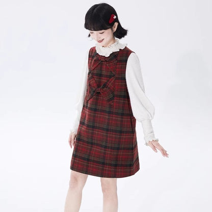 Red plaid woolen high-waisted bow-tie inner v-neck dress