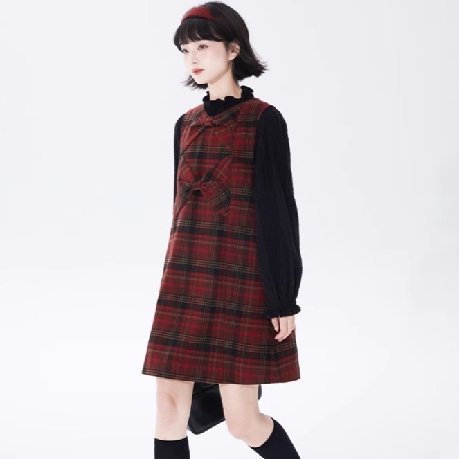 Red plaid woolen high-waisted bow-tie inner v-neck dress