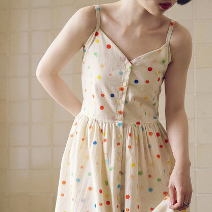 Retro rainbow polka dot suspender dress