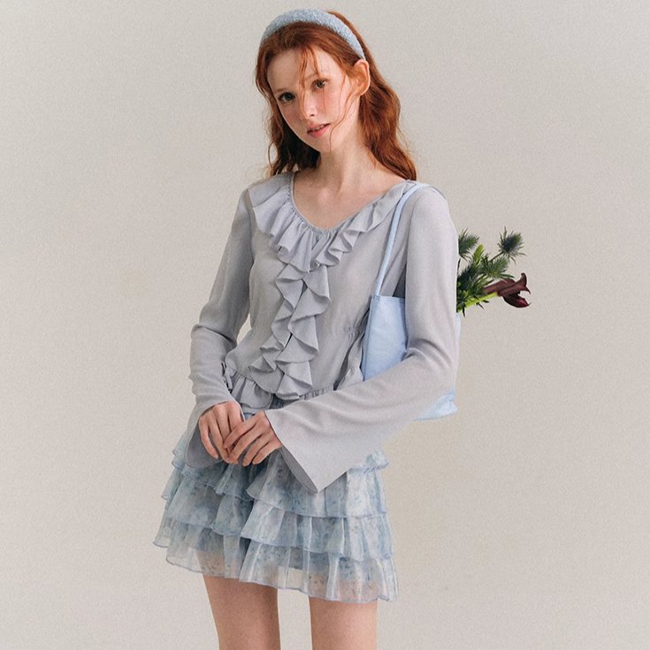 Sea blue broken ruffled French shirt top