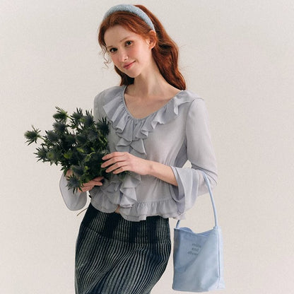 Sea blue broken ruffled French shirt top