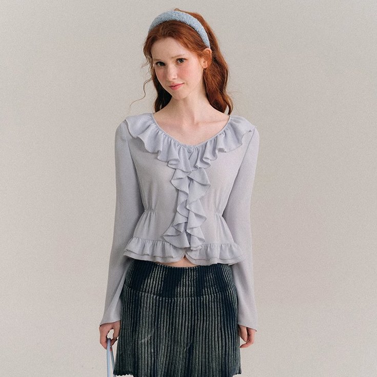 Sea blue broken ruffled French shirt top