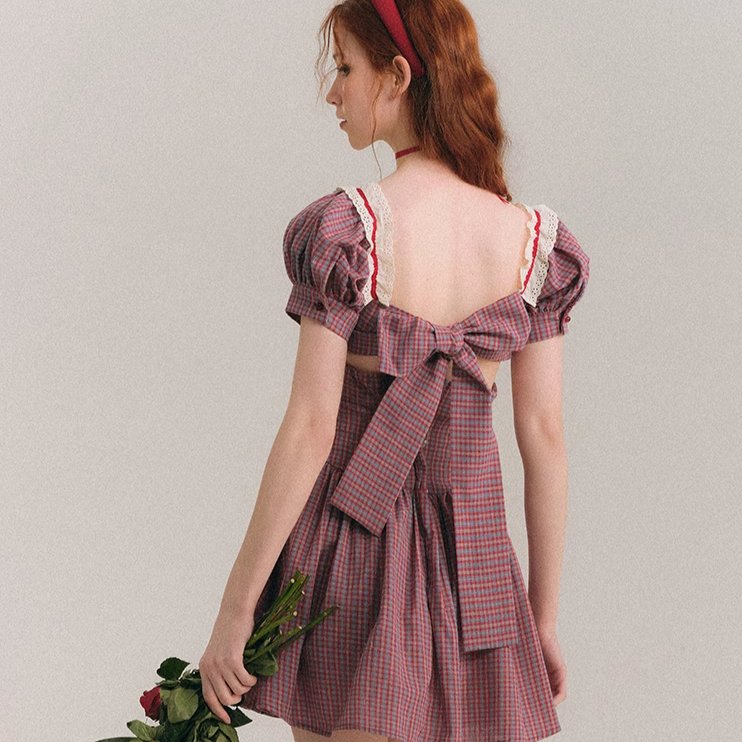 Sparkling Deep Sea Plaid French Temperament Bow Dress