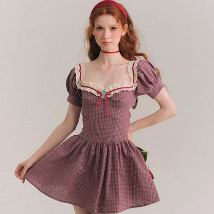 Sparkling Deep Sea Plaid French Temperament Bow Dress