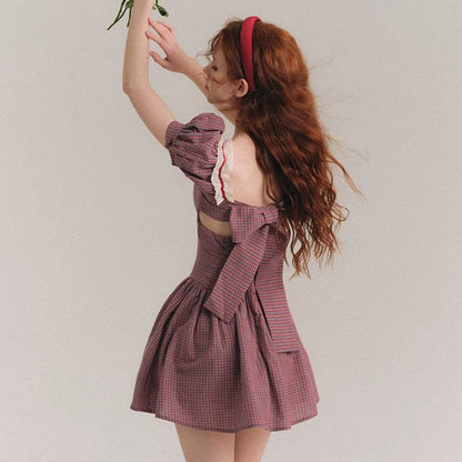 Sparkling Deep Sea Plaid French Temperament Bow Dress