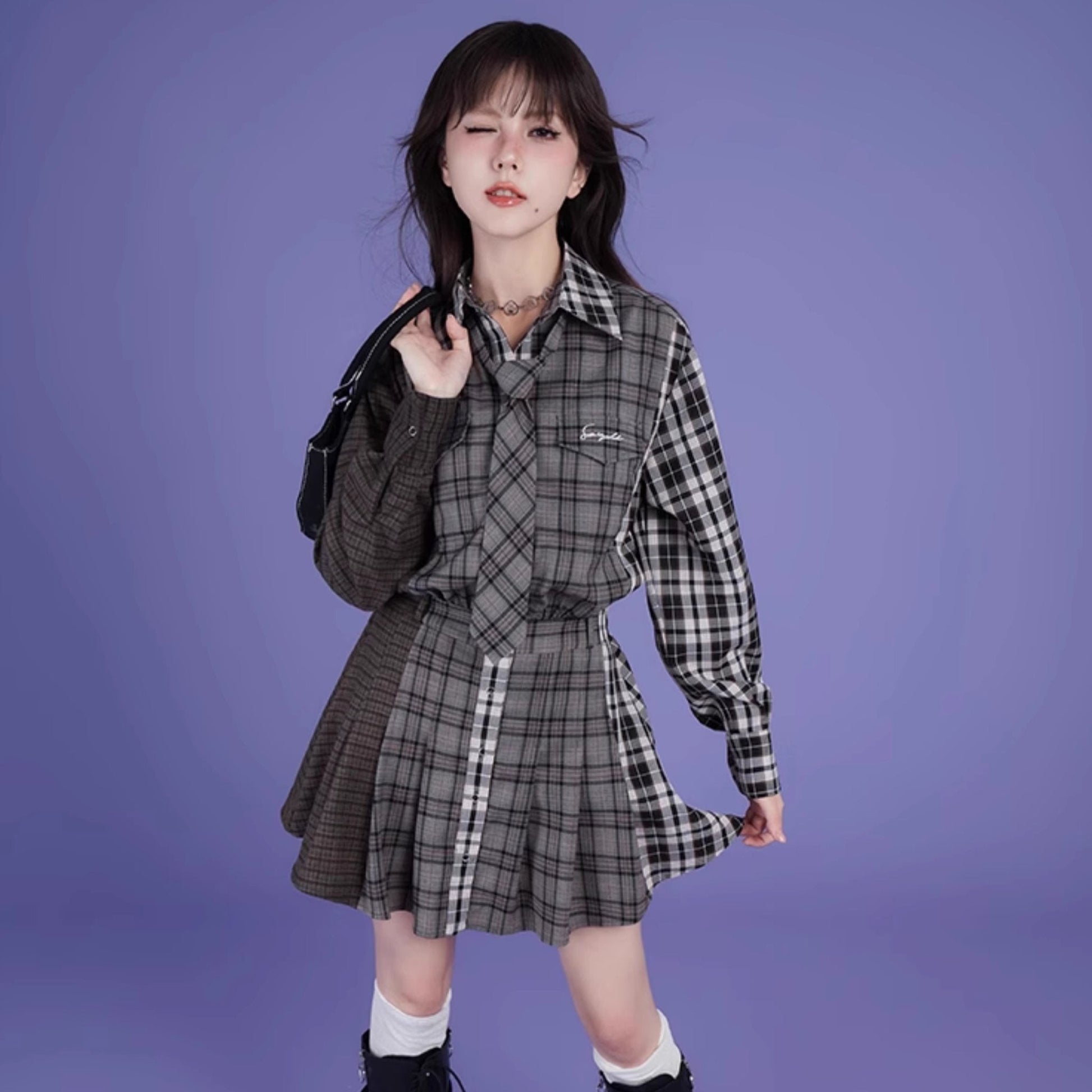 Splicing design plaid loose casual shirt dress