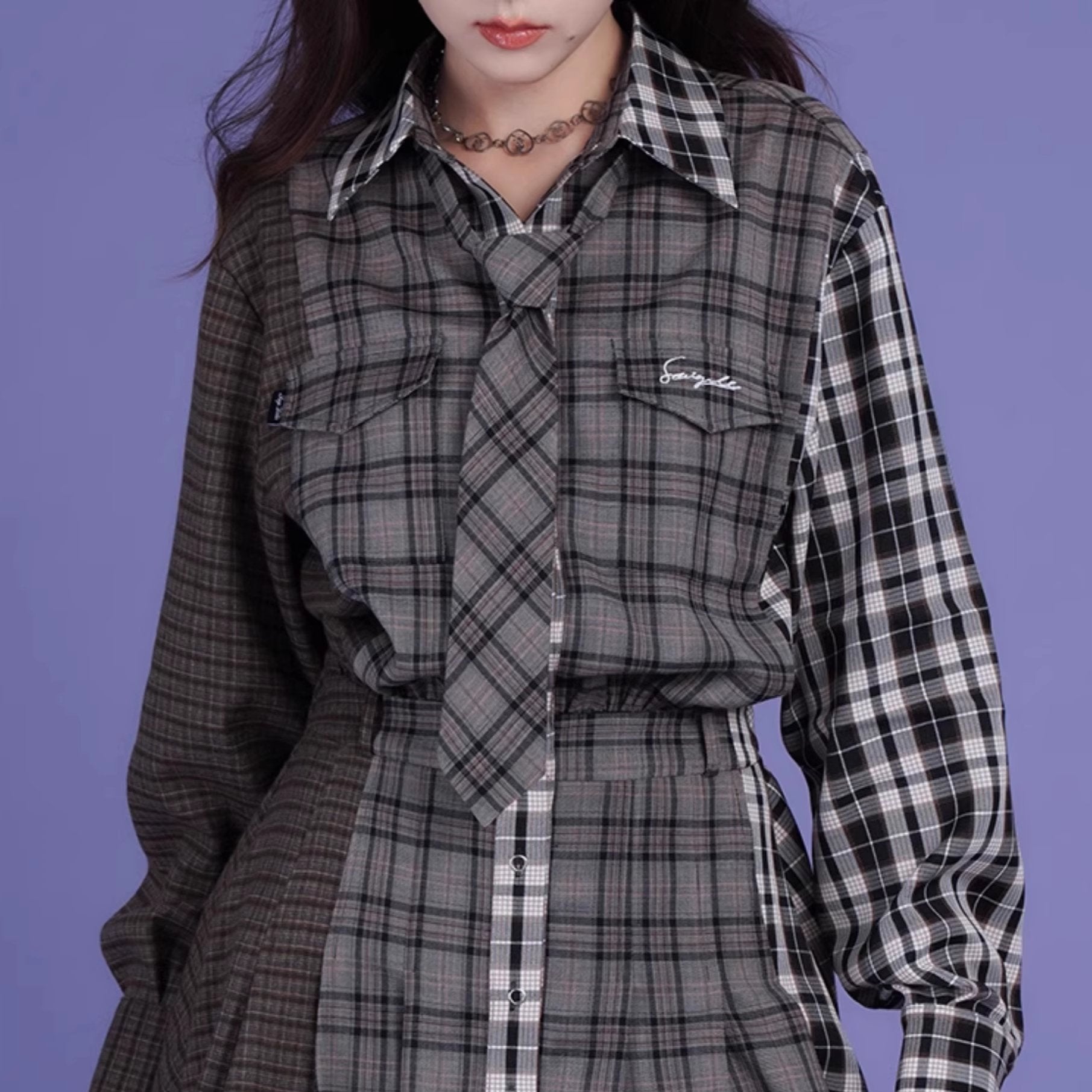 Splicing design plaid loose casual shirt dress