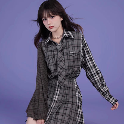 Splicing design plaid loose casual shirt dress