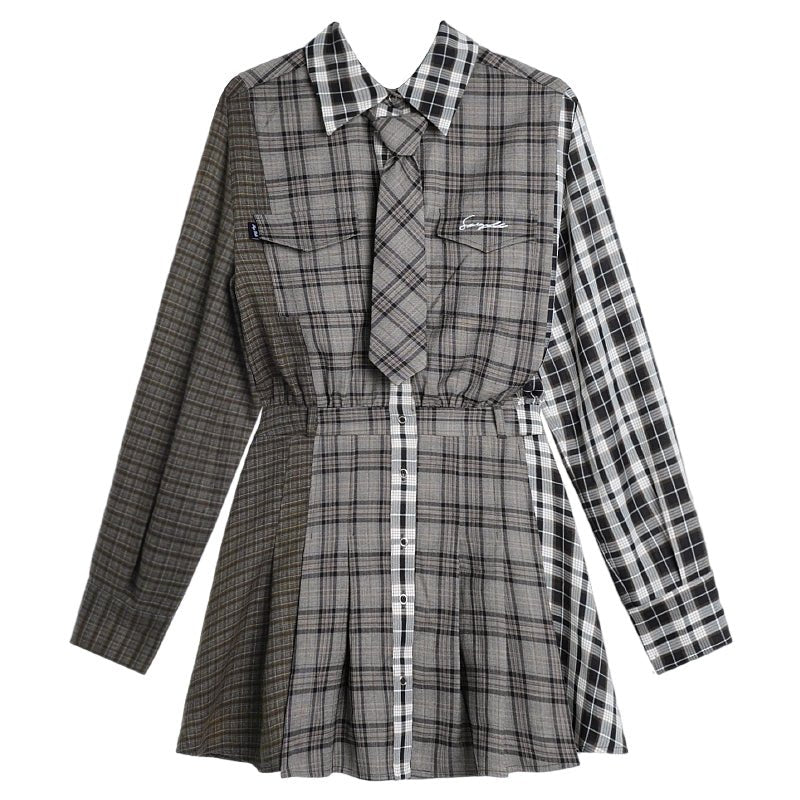 Splicing design plaid loose casual shirt dress