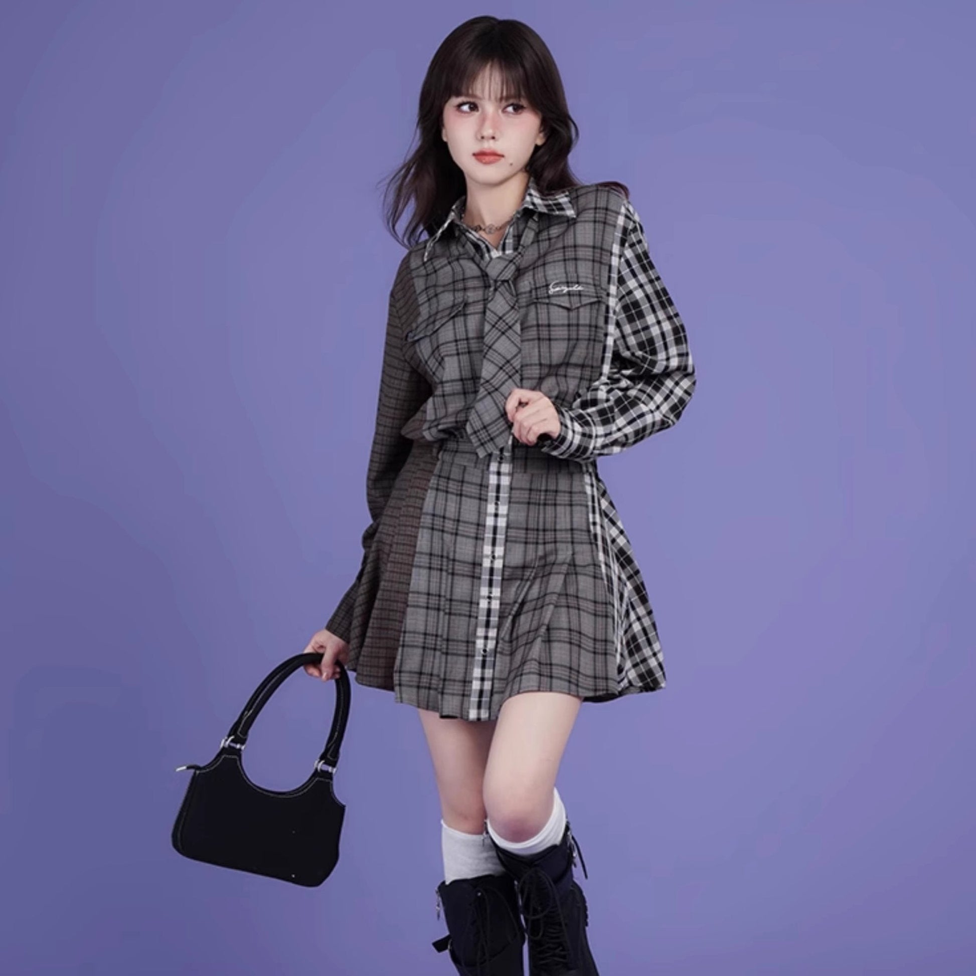 Splicing design plaid loose casual shirt dress