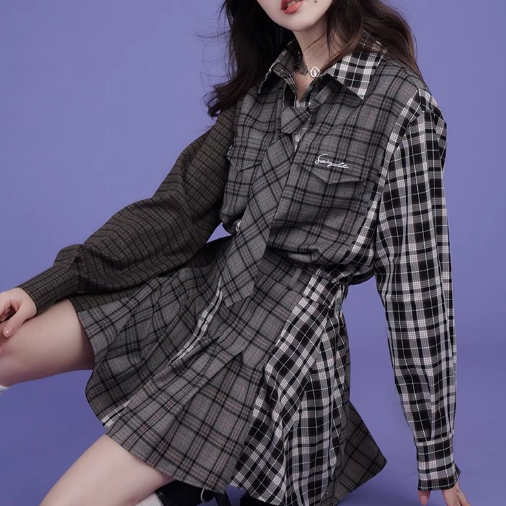 Splicing design plaid loose casual shirt dress