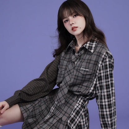 Splicing design plaid loose casual shirt dress