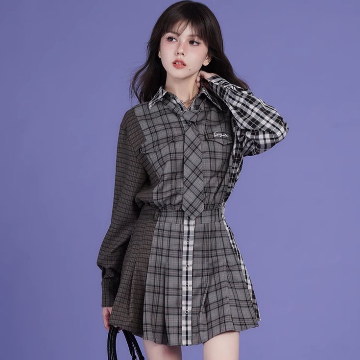 Splicing design plaid loose casual shirt dress