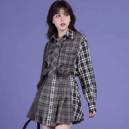 Splicing design plaid loose casual shirt dress