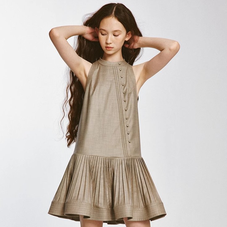 Stand collar Chinese button down pleated vest dress