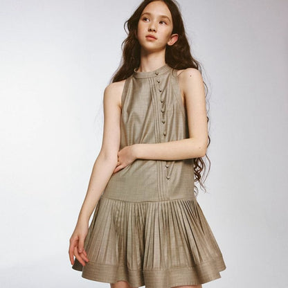 Stand collar Chinese button down pleated vest dress