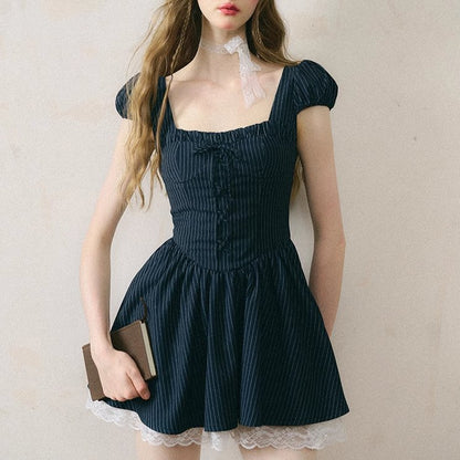 Strappy bow lace striped dress puff sleeve skirt