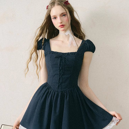Strappy bow lace striped dress puff sleeve skirt