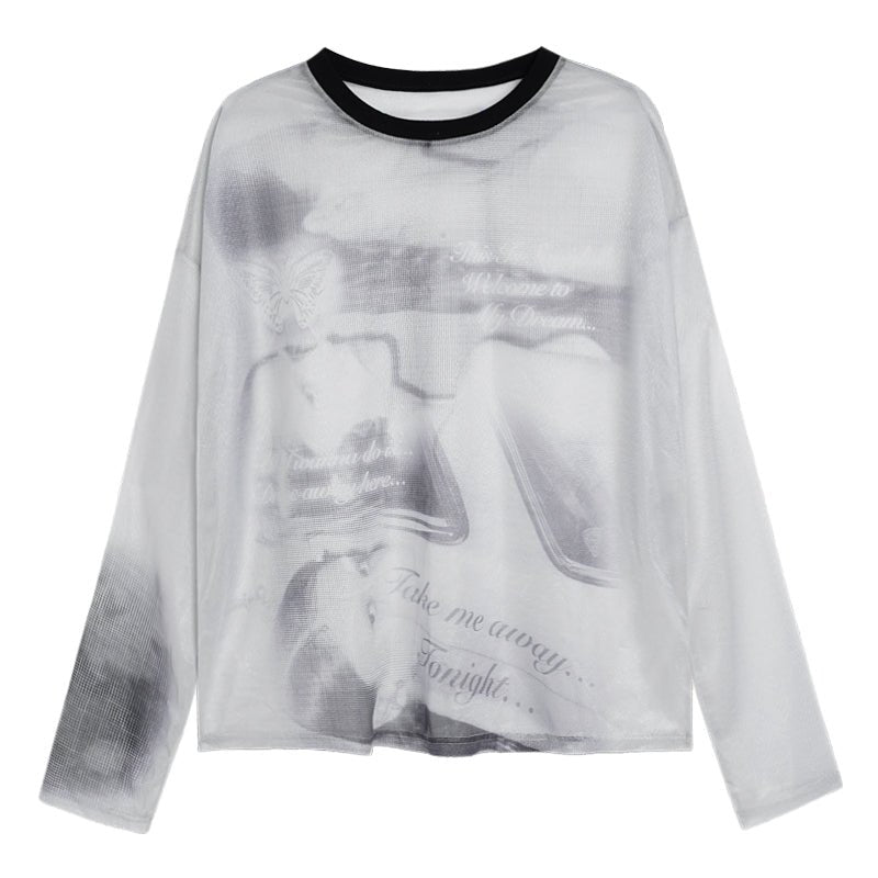 Sweet and cool gray mesh long sleeve T-shirt