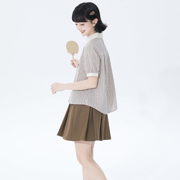 Tailored Milk Coffee Striped Puff Sleeve Shirt