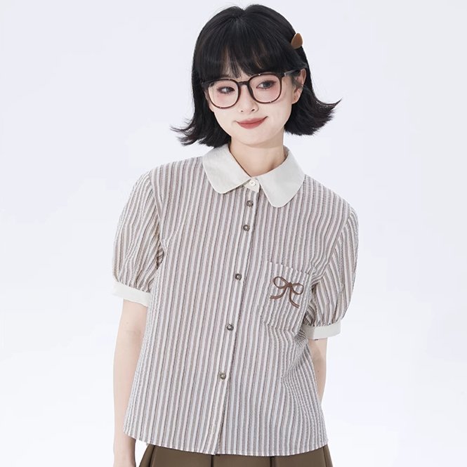 Tailored Milk Coffee Striped Puff Sleeve Shirt