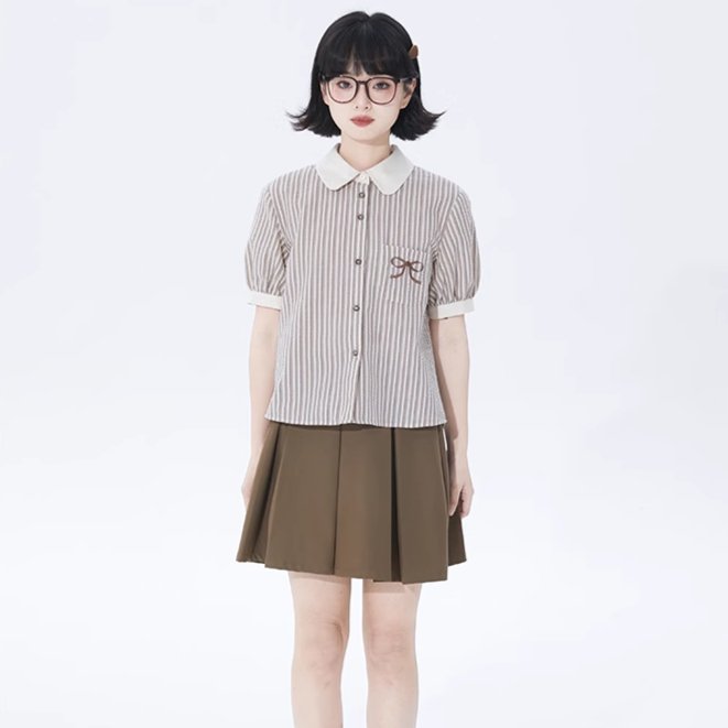 Tailored Milk Coffee Striped Puff Sleeve Shirt