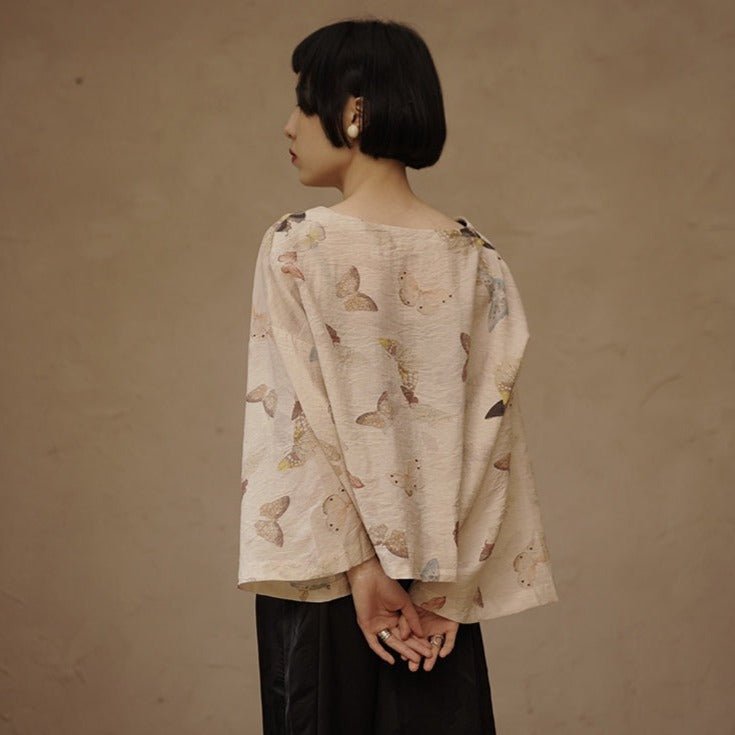 V-neck butterfly print shirt wide-sleeved short coat